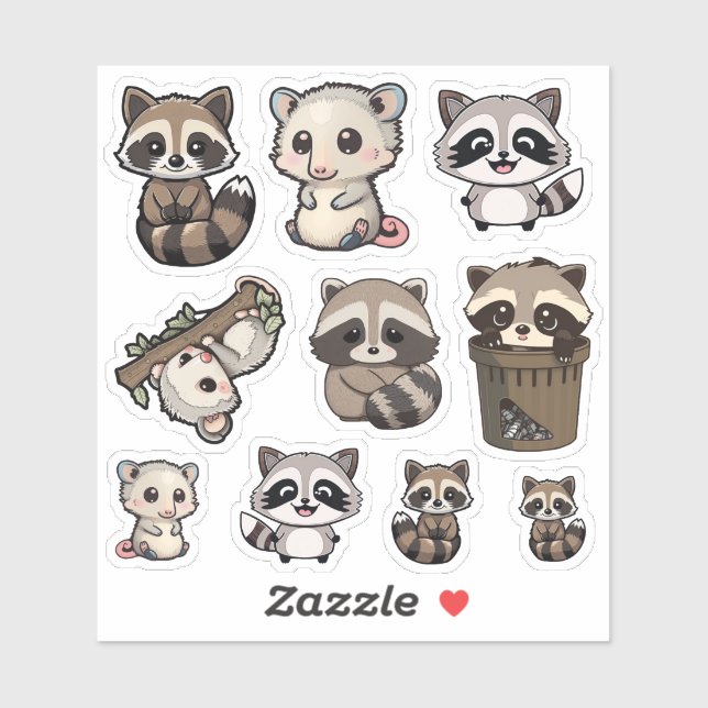 Sticker Jolie feuille d'autocollant Raccoon et Opossum, ad (Feuille)