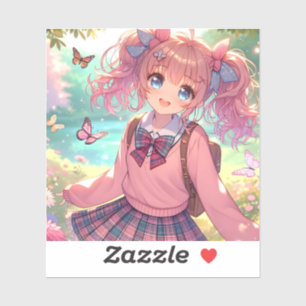 Sticker Jolie fille Anime en Pigtails Roses