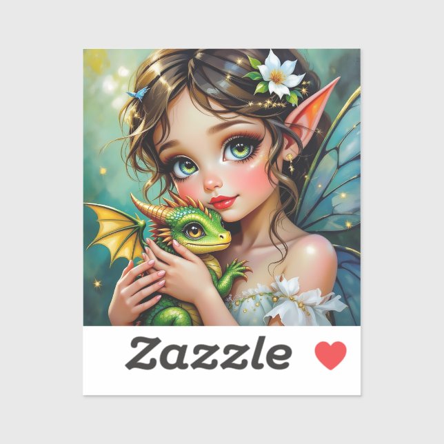 Sticker Jolie fille aux thèmes de fée et de dragon   (Feuille)