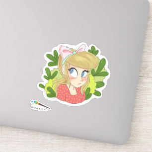 Sticker Jolie Fille avec Ruban Rose 