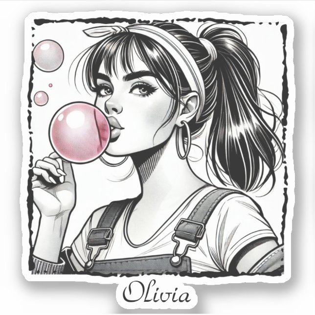 Sticker Jolie Fille Bulle Rose , Bande Dessinée Amusante,  (Devant)