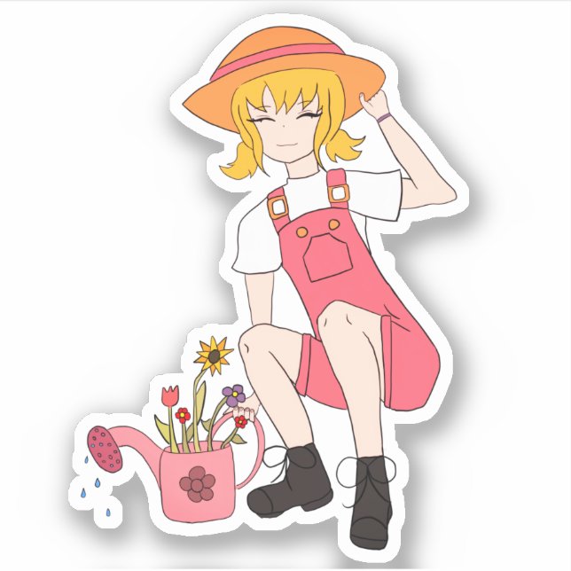 Sticker Jolie fille de jardinage avec fleurs Cheveux blond (Devant)