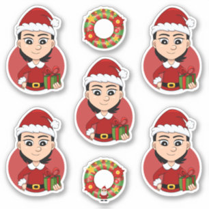 Sticker Jolie fille de Noël aux cheveux noirs courts
