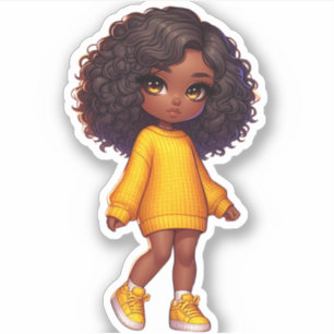 Sticker Jolie fille noire chibi en jaune