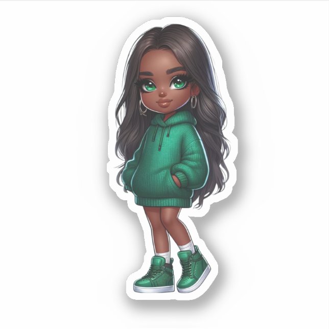 Sticker jolie fille noire verte (Devant)