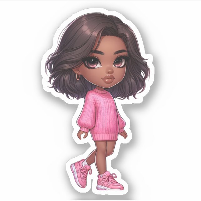 Sticker jolie fille rose noir chibi (Devant)