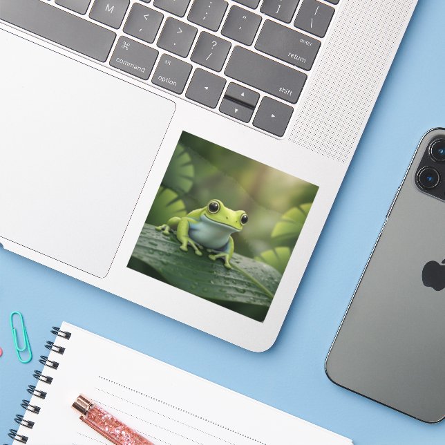 Sticker Jolie grenouille verte sur une feuille (Ordinateur portable avec iPhone)