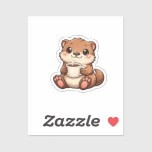 Sticker Jolie loutre avec café – Animal Kawaii Cozy