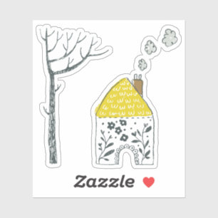 Sticker Jolie maison florale jaune arbre nu