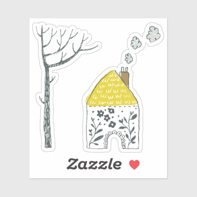 Sticker Jolie maison florale jaune arbre nu (Feuille)