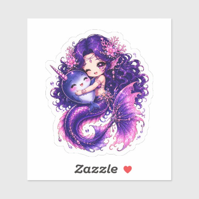 Sticker Jolie Mermaid Chibi Enlaçant un Bébé Narval (Feuille)