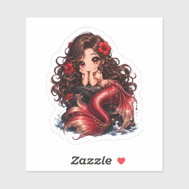 Sticker Jolie petite sirène rouge Chibi avec des fleurs d' (Feuille)