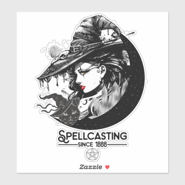 Sticker Jolie sorcière et chat noir Wiccan Wicca Lancer de (Feuille)