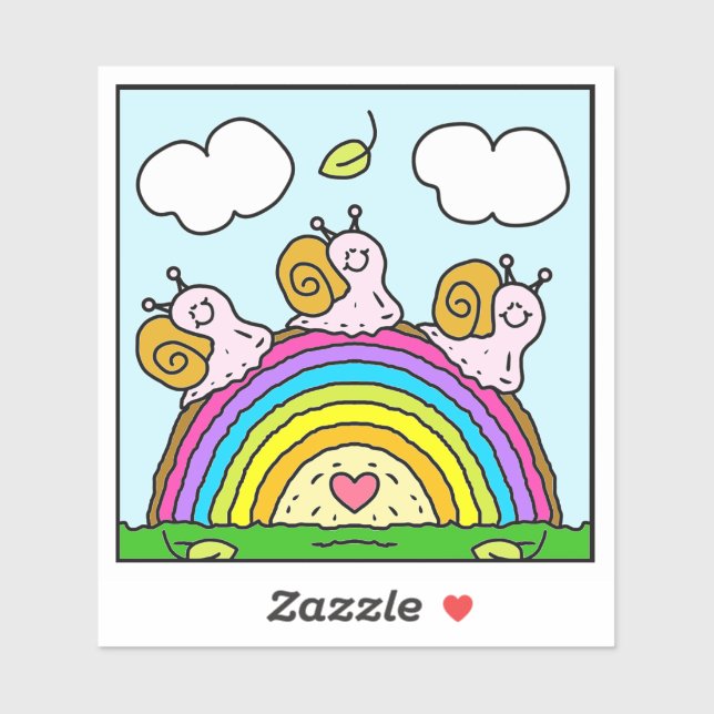 Sticker Jolis Escargots Roses Traversant une Bûche Arc-en- (Feuille)