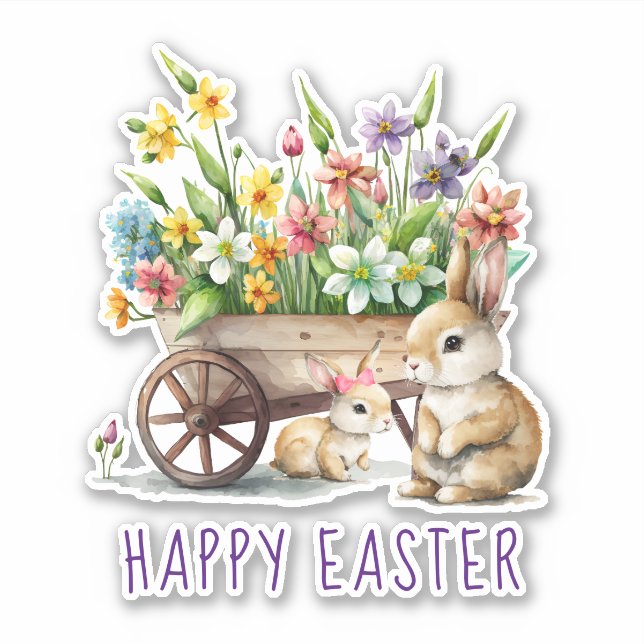 Sticker Jolis lapins de Pâques heureux et fleurs (Devant)
