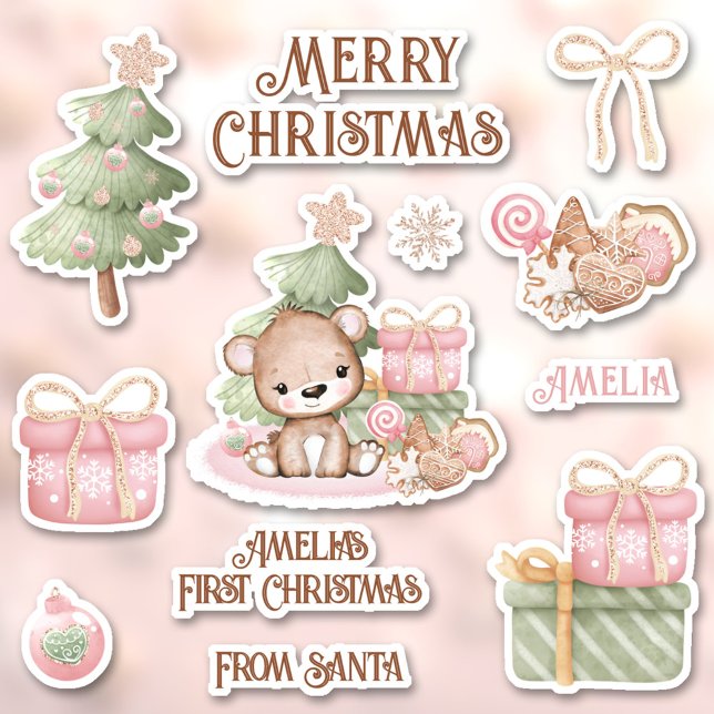 Sticker Jote rose 1er Nom de Noël Ours Contour Baiser Coup (Cute Pink 1st Christmas Name Bear Contour Kiss Cut Stickers)