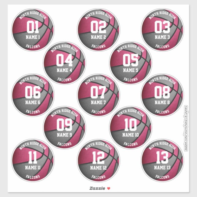 Sticker joueurs de basket-ball gris rose noms 3 pouces aut (Feuille)