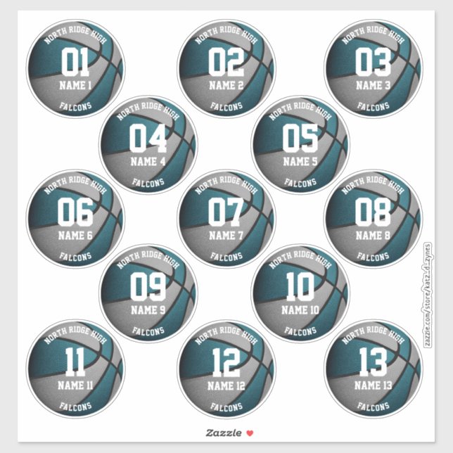Sticker joueurs de basketball gris turquoise noms 3 pouces (Feuille)