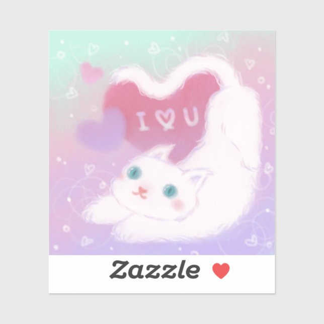 Sticker Joyeuse Saint-Valentin avec un chat blanc duveteux (Feuille)