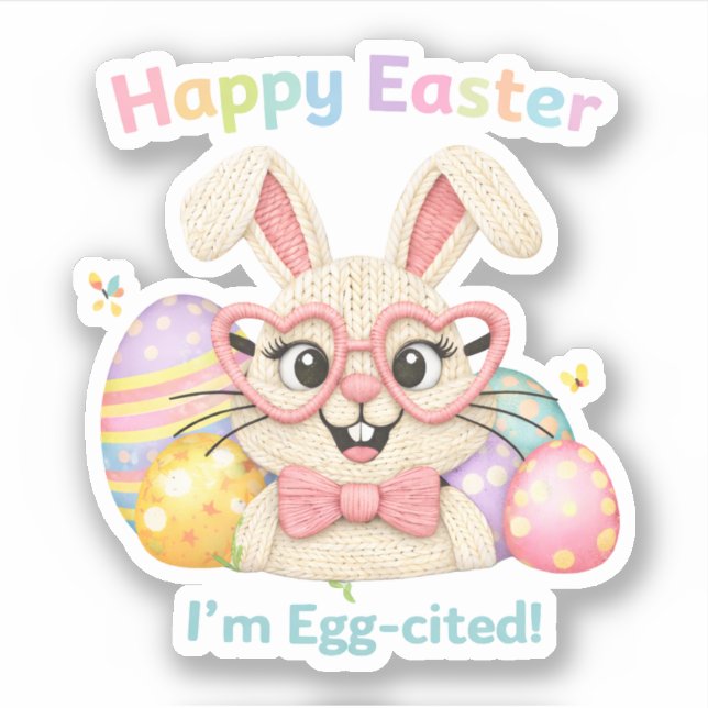 Sticker Joyeuses Pâques, je suis excité comme un œuf Lapin (Devant)