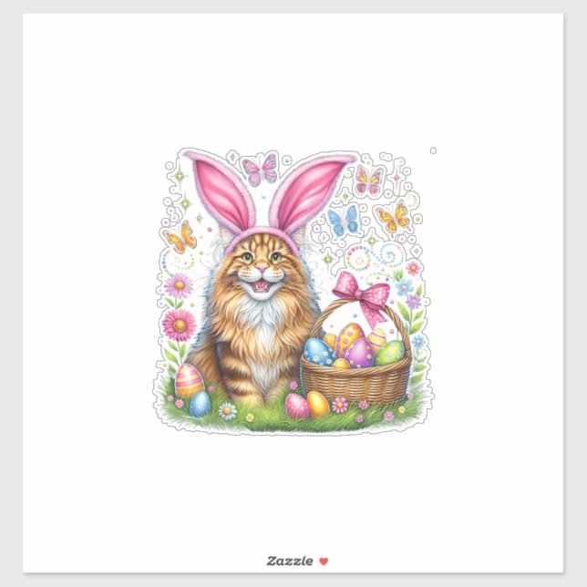 Sticker Joyeuses Pâques Lapin Mignon Chat Maine Coon Œufs  (Feuille)