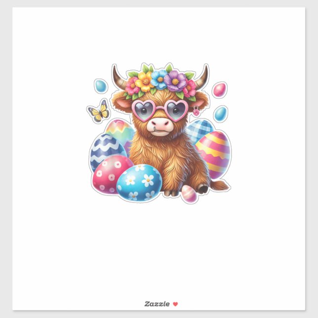 Sticker Joyeuses Pâques Vache Heifer Highland Pâques Fermi (Feuille)