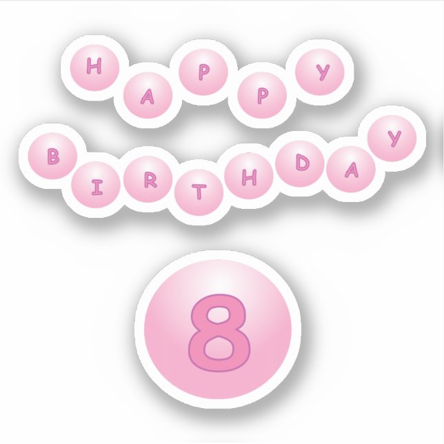 Sticker Joyeux Anniversaire Âge 8 Pink Bouncy Balls Sticke (Devant)