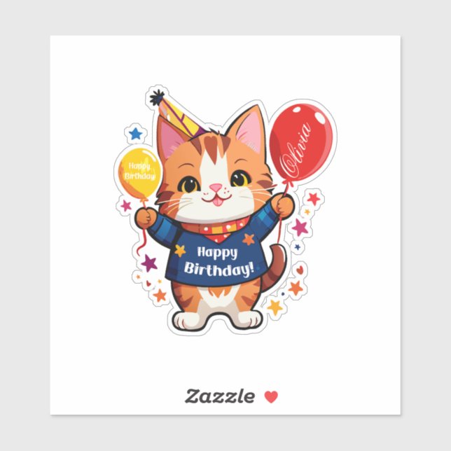 Sticker Joyeux Anniversaire Chat Avec Ballon Rouge (Feuille)
