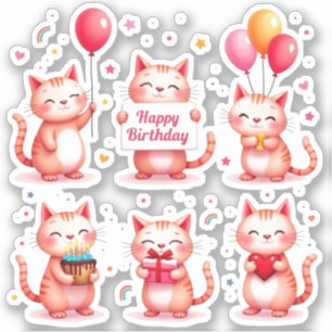 Sticker Joyeux Anniversaire - Chats Roses - Cadeaux de Bal