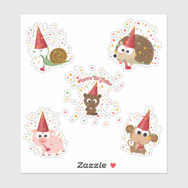 Sticker Joyeux Anniversaire Confetti Party Animaux jeu de  (Feuille)