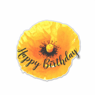 Sticker Joyeux Anniversaire Floral Fleur de pavot jaune or