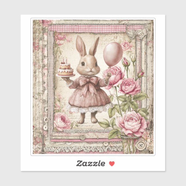 Sticker Joyeux anniversaire lapin rose mignon  (Feuille)