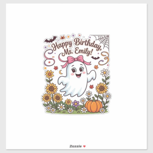 Sticker Joyeux Anniversaire Mlle Emily Halloween Fantôme C (Feuille)