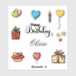 Sticker Joyeux Anniversaire Nom Ballons en Forme de Cœur e