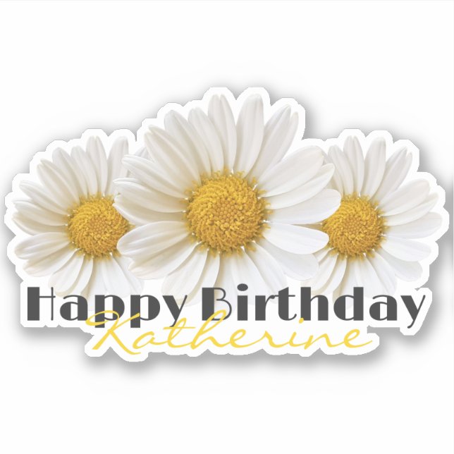 Sticker Joyeux Anniversaire Nom Jaune Marguerites Blanches (Devant)