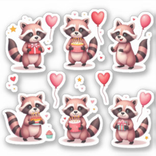 Sticker Joyeux Anniversaire Pink Raccoons Cake Balloons Ca
