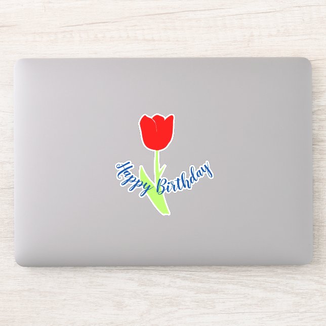Sticker Joyeux Anniversaire Rouge Bleu Floral Tulip Mignon (Ordinateur)