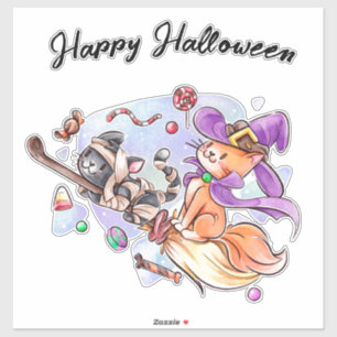 Sticker Joyeux chatons d'Halloween à cheval dans une chamb