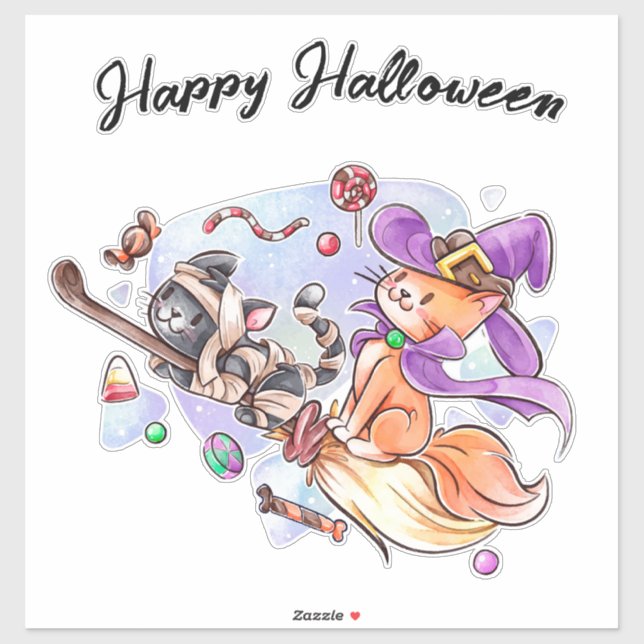 Sticker Joyeux chatons d'Halloween à cheval dans une chamb (Feuille)