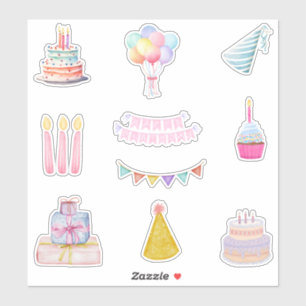 Sticker Joyeux gâteau d'anniversaire, ballons, bougies