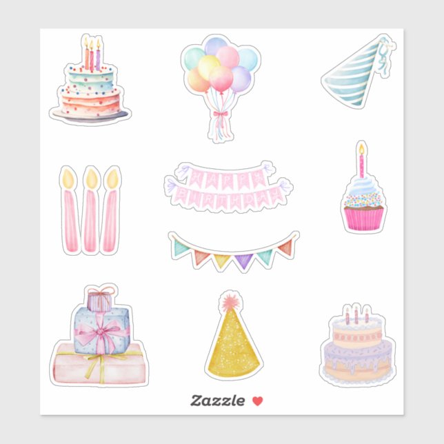 Sticker Joyeux gâteau d'anniversaire, ballons, bougies (Feuille)