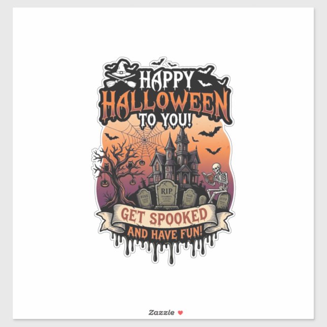 Sticker Joyeux Halloween Vous Maison Hantée Squelette Chau (Feuille)