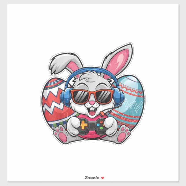 Sticker Joyeux jour de Pâques Lapin mignon jouant au jeu v (Feuille)