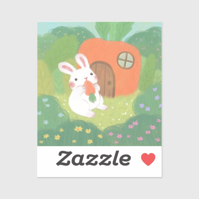 Sticker Joyeux lapin avec carotte en forêt (Feuille)