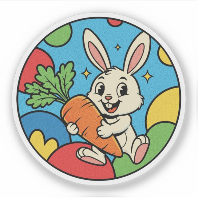 Sticker Joyeux lapin avec carotte géante - Fun de ferme co (Devant)