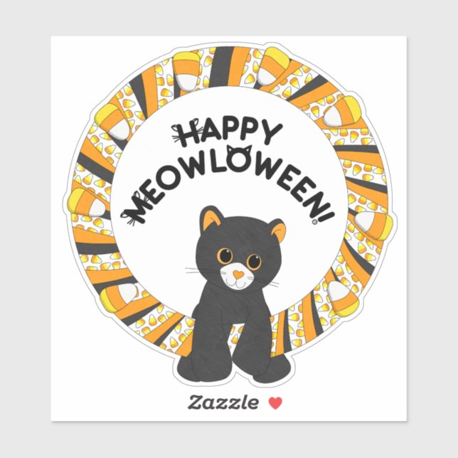 Sticker Joyeux Meowloween Chat noir Halloween Corn bonbon (Feuille)