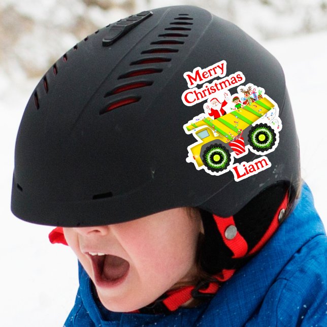 Sticker Joyeux Noël Père Noël En Dump Avec Elf, Rudolph (Santa, Elf & Rudolph spread cheer in dump truck. Perfect for dump truck-loving kids.)