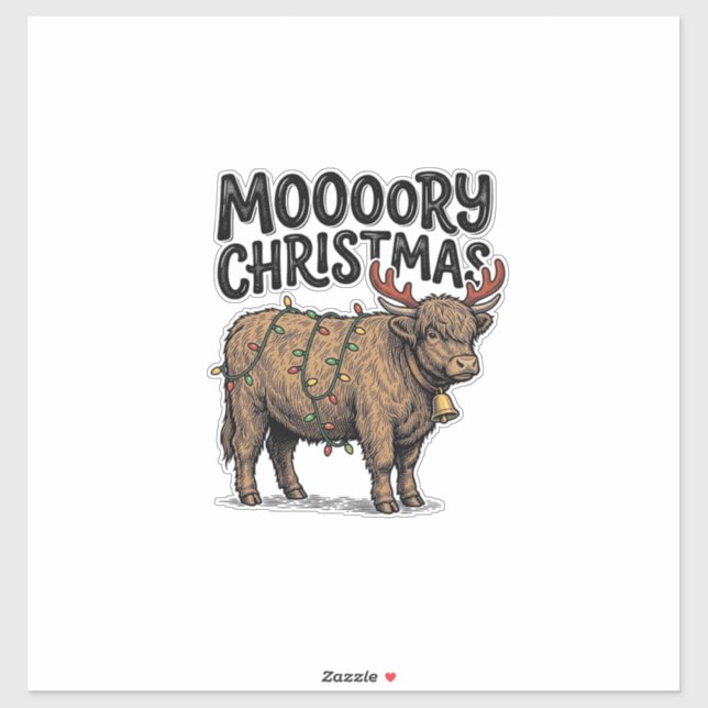 Sticker Joyeux Noël Vache Highland Gravure Vintage T (Feuille)