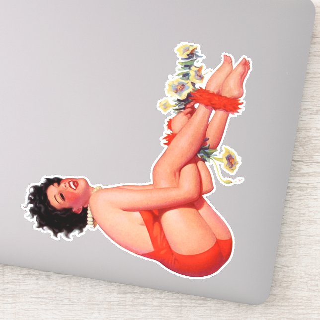 Sticker Jungle Bell Pin up Brunette en maillot de bain rou (Détail)