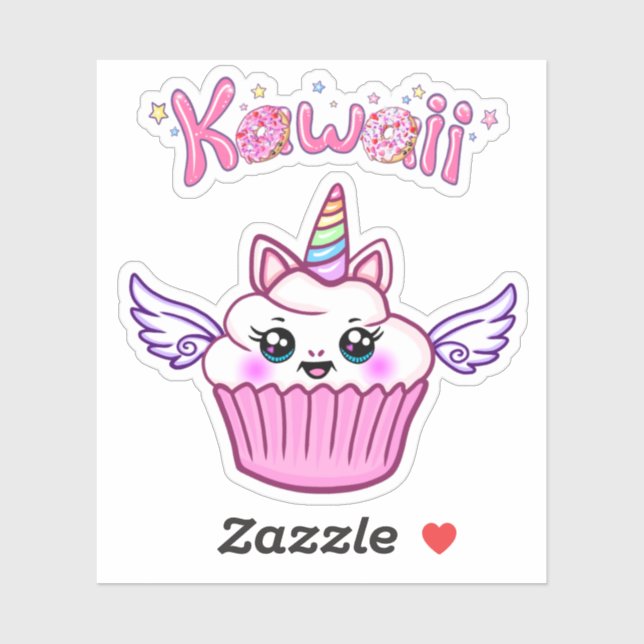 Sticker Kawaii Arc-en-ciel à ailes Unicorn Cupcake (Feuille)